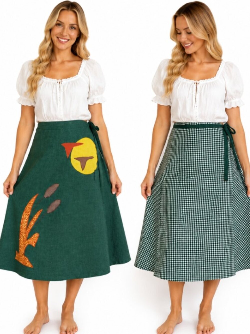 Vintage The Pond Reversible Wrap Skirt Cottagecore Gingham Folk Art Midi Skirt M